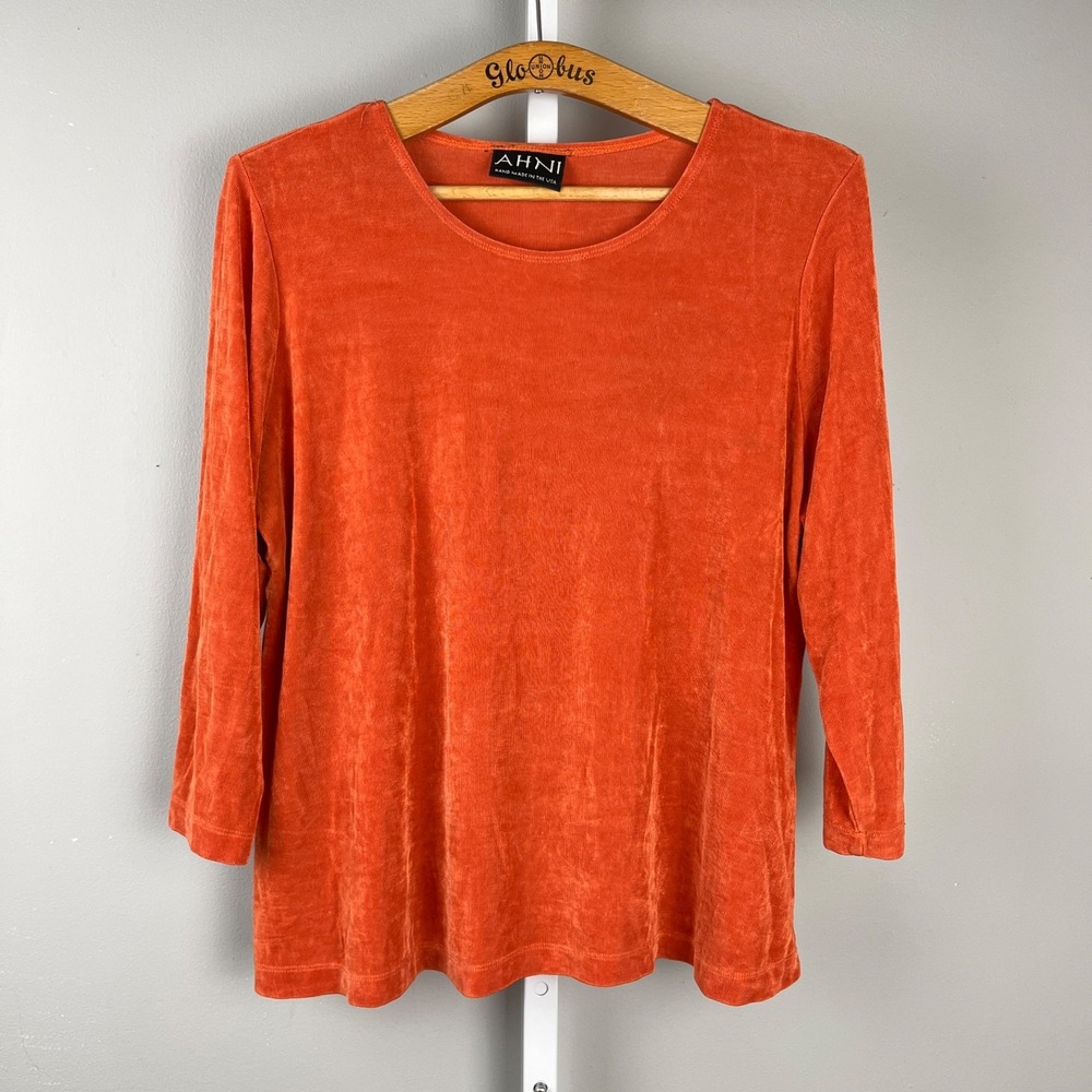 AHNI Solid Orange‎ Slinky Top Size 2 Womens Large 3/4 Sleeve Pullover Basic